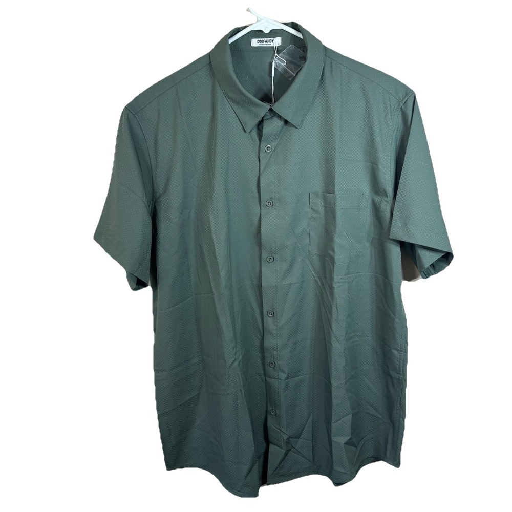 NWT Coofandy Mens L Green Short Sleeve Button Down Shirt